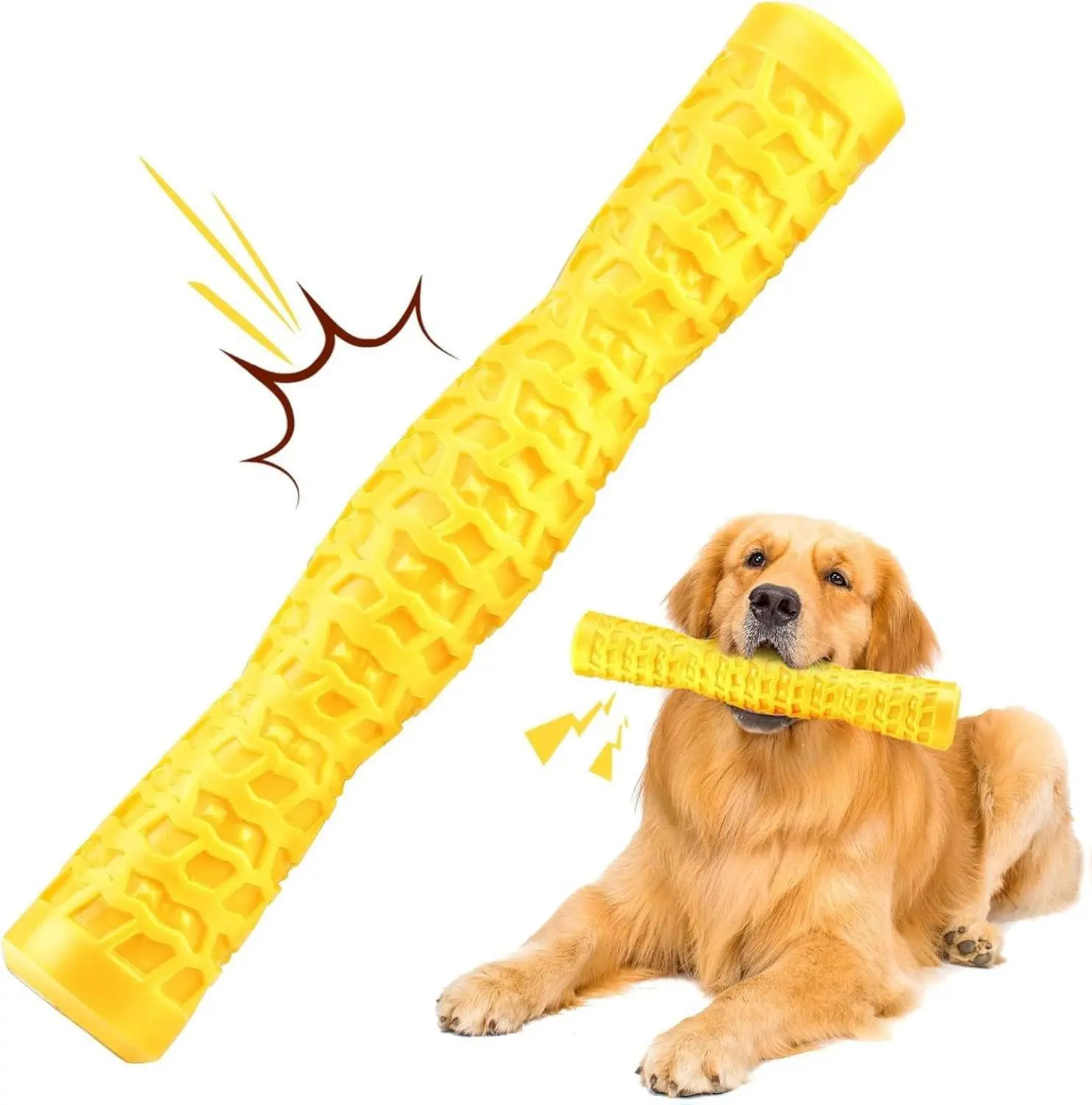 Yellow Rubber Squeaky Dog Chew Toy - Bone-Shaped Squeak, Rawhide-Free, Interactive, Durable for Medium/Large Breeds - Non-Toxic, Teeth Cleaning & Dental Health Benefits, Bone-Shaped Squeak Toys, Rawhide-Free Chew Toys