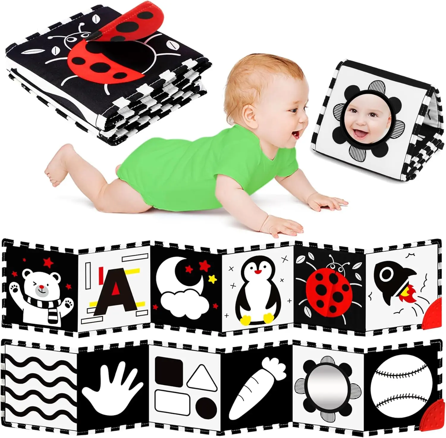 High Contrast Newborn Baby Toy Set - Montessori-Inspired Black & White Tummy Time Mirror, Soft Visual Book, Animal & Nature Stuffed Toy for 0-6 Months Boys, Baby Shower Gift Aiding Children Development, Learning, Memory Training & Observation