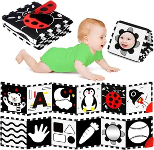 High Contrast Baby Toys for Newborns – Black & White Tummy Time Mirror Set, Soft Montessori Visual Stimulation Book for Infants 0–6 Months, Sensory Development Toy, Baby Shower Gift for Boys & Girls