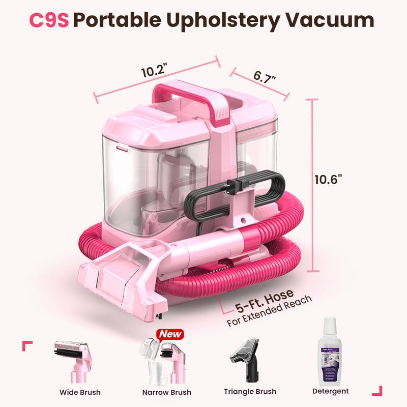 [NewYearSale!] Upholstery Carpet Vacuum Cleaner, 18KPa Suction Spot Cleaning Machine for Pet Stains, Carpets, Sofa, Car Seats, Mattress, with 3 Multipurpose Cleaning Tools, 6'' Deep Cleaning Brush | Portable 3-in-1 Little Pink C9S