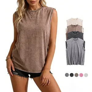 Holafish Women's 3Pcs Acid Wash Tank Set Oversized Cotton Sleeveless Matching Outfit Soft Breathable Streetwear Unisex Tees for Gym Casual Summer