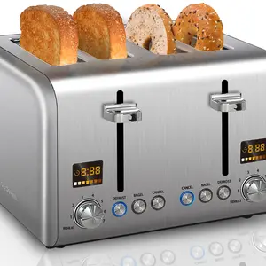 4 Slice Toaster, Stainless Bread Toaster Colorful LCD Display, 7 Bread Shade Settings, 1.5'' Wide Slots Toaster with Bagel/Defrost/Reheat Functions, Removable Crumb Tray, 1800W toasteroven kitchen  toaster Breakfast Delicious Uniform Dual Control