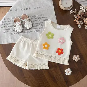 Baby Girl Summer Casual Bohemian Style Textured Waffle Floral Decor Sleeveless Top And Waffle Apricot Fringe Shorts Set, Suitable For Vacation And Casual Outings