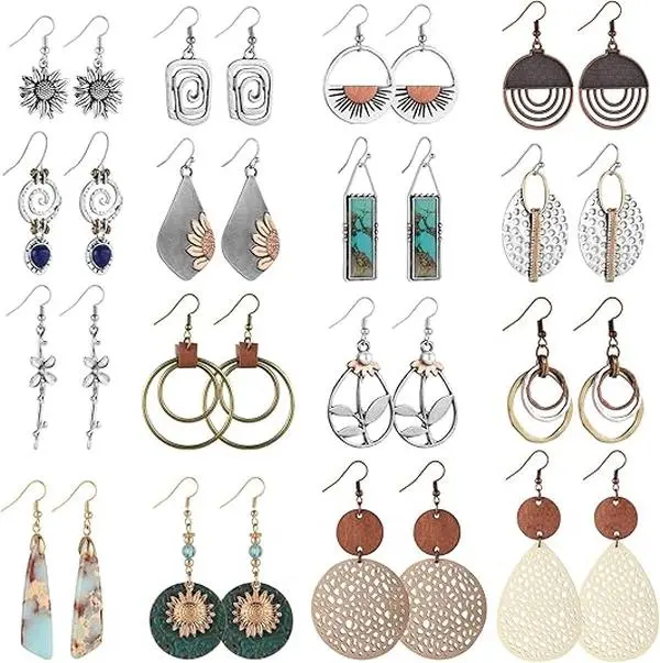 16 Pairs Earrings for Women Trendy,  Boho Dangle Earrings for Women | Vintage Statement Sunflower Round Geometric Earrings Wooden Leather Earrings