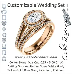 CZ Wedding Set, featuring The Kay Adaira engagement ring (Customizable Bezel-set Oval Cut with Halo and Split-Pavé Band)