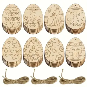 16pcs DIY Wooden Easter Egg Ornaments, Unfinished Blank Wood Slices for Painting, Spring Hanging Decor, Kids Craft Kit & Party Favors