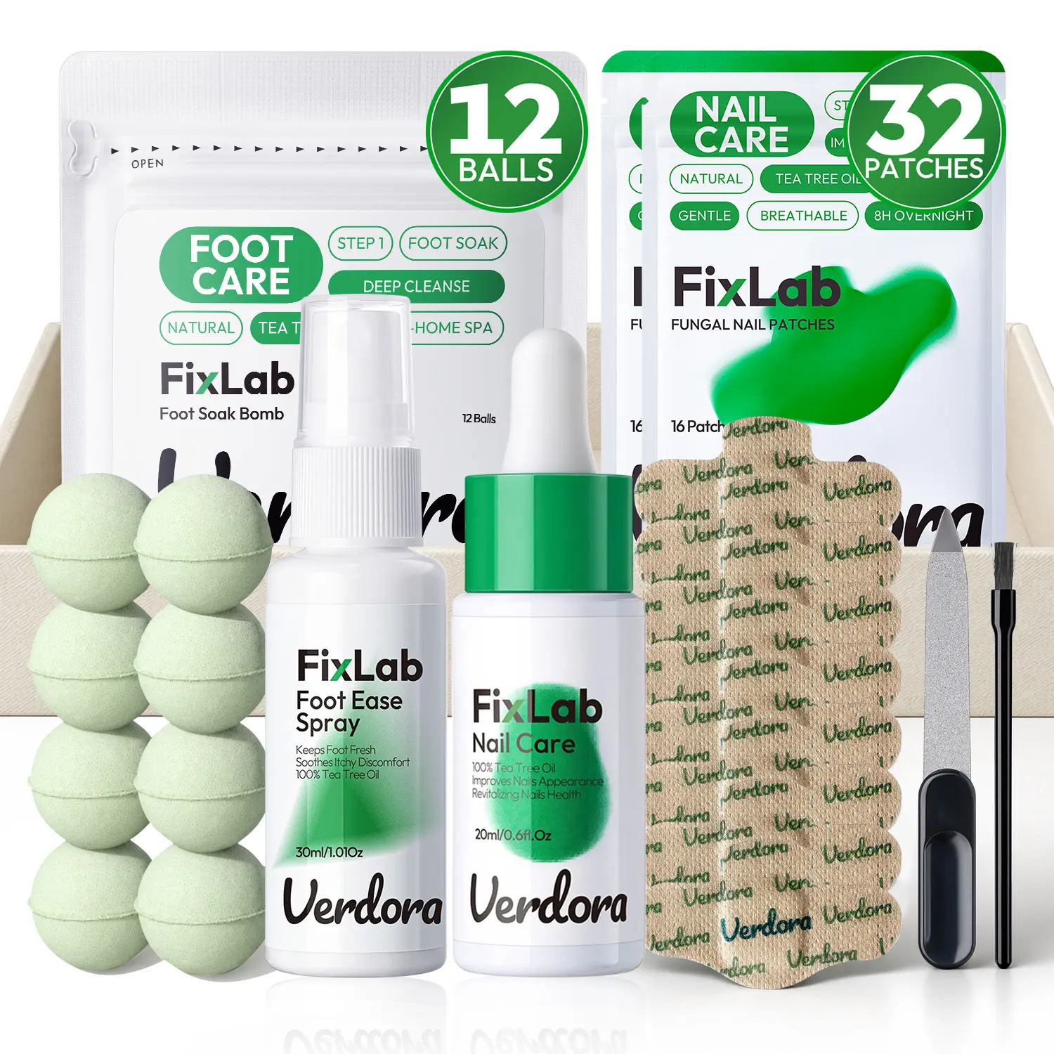 VERDORA Fungal Nail Care Kit, 32 Fungal Nail Patches | Foot Soak Ball | Tea Tree Oil Nail Care Solution, Foot Care Spray, File & Brush, At-Home Care for Thick, Yellow & Discolored-Looking Nails