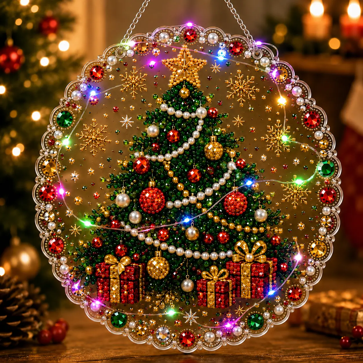 Christmas LED Diamond Art Hanging Ornament DIY Craft Kit - 0.5M Light String, Pearl Bead Suncatcher, Santa/Snowman/Reindeer Design, Holiday Window Decor & Gift