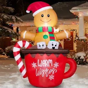 6 FT Christmas Inflatable Outdoor Decorations, Inflatable Gingerbread Man in Hot Cocoa Mug with LEDs, Cute Christmas Blow Up Gingerbread Yard Decoration for Xmas Outdoor Garden Lawn Decor