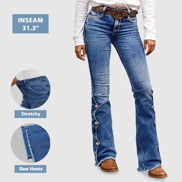 Flamingals Raw Hem Button Side Mid Waist Bootcut Jeans Women's Stretchy Retro Casual Denim Pants Style Womenswear