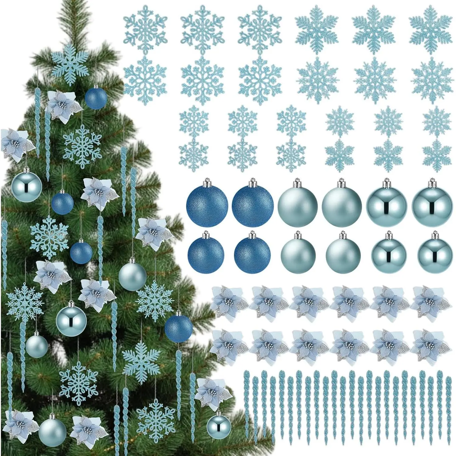 72 count Christmas Tree Decorations Set, Blue  Icicles Ornaments Shatterproof Christmas Balls Glitter Snowflakes Ornament Poinsettia  for Xmas Tree Party Decor