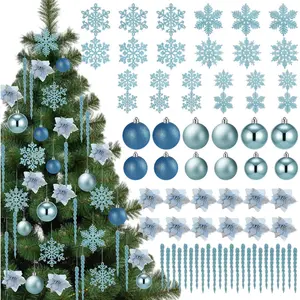 72 count Christmas Tree Decorations Set, Blue  Icicles Ornaments Shatterproof Christmas Balls Glitter Snowflakes Ornament Poinsettia  for Xmas Tree Party Decor