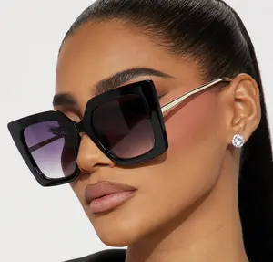 Simplistic Elegance Square Sunglasses Women Fashion Trendy Shades Cat Eye Frame | Black Frames and Black Lenses with Gold Arms UV400 Protection - Black