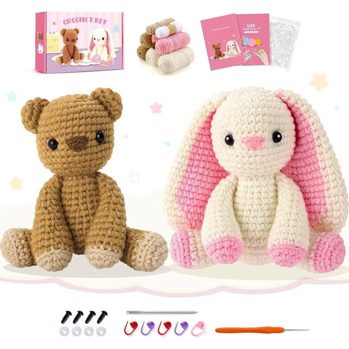 Easter Crochet Kit for Beginners, Bunny and Bear Crochet Kit with Step-by-Step Video Tutorials, Crocheting Kit for Starter, Beginner Crochet Kit for Adult, Stuffed Animal Knitting Kit for Birthday