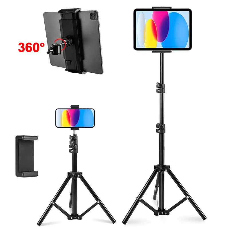 160cm Adjustable tablet floor Tripod Stand, 360° Rotatable Universal Tablet Holder, Comes with Phone Clip, Foldable Portable iPad & Phone Tripod Mount for Live Streaming, Video Recording