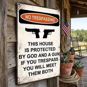 Retro God and Guns Sign 8x12 In | Sarcastic Aluminum Notice Poster for Garage Man Cave | Humorous Backyard Bar Wall Hanging Decor, Cool Birthday Gift