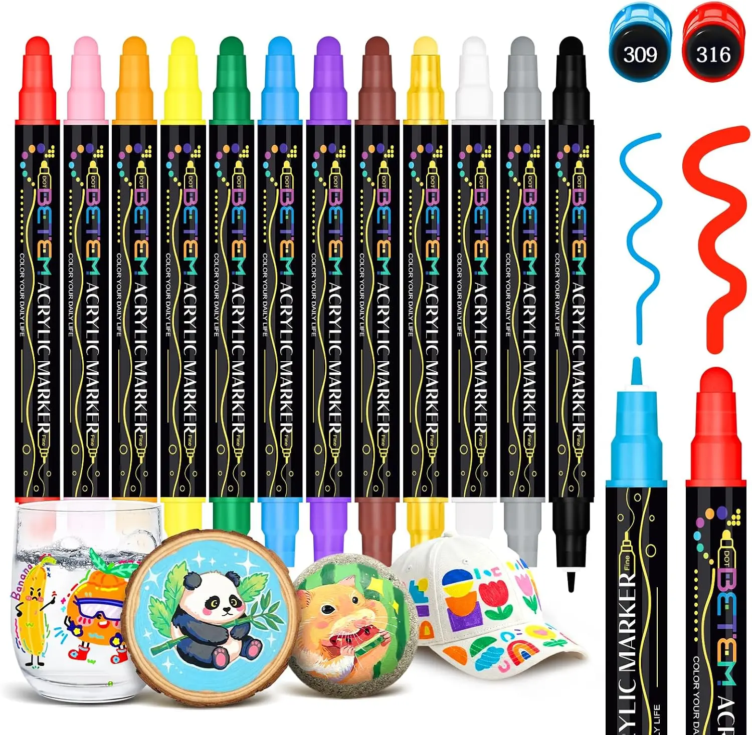 12 Colors Dual Tip Water-Based Acrylic Paint Markers | for Rock, Fabric, Wood & Glass, Multi-Surface DIY Craft Art Supplies for Beginners & Artists