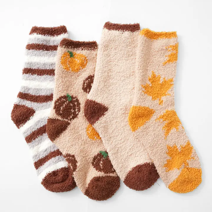 SnugChic Women's Knitted Pumpkin Socks - 4-Pair Warm Stretchy Fuzzy Texture Fabric Cozy Knit Winter Slipper Socks, Christmas Birthday Gifts for Her