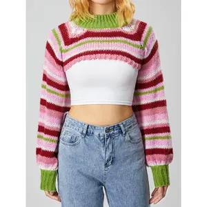 Women Knitted Shrug Sweater Casual Striped Loose Long Sleeves Half Turtleneck Pullover Crop Tops Streetwear