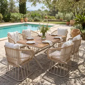 Outdoor Dining Set - Rectangular Teak Wood Table + Wicker Chairs with Cushions, Beige Steel Frame, Teak Finish, Perfect for Patio, Deck, or Garden