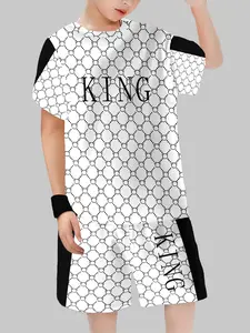 Boys' Chain Grid Print Short Sleeve Shorts Set, Kids' Casual Fitted Two-Piece, Cartoon Pattern, Light Luxury Style