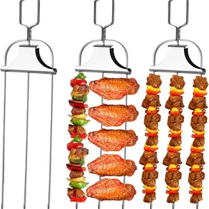 3pcs 14 Inch 3-Way Metal Grill Skewers with Push Rod Sliders, Reusable BBQ Kabob Sticks for Meat Vegetables & Marshmallow