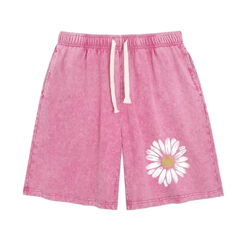 Women's Baggy Cotton Drawstring Waist Shorts - Women's Clothing, Summer Vintage Floral Printed Acid Wash Sweat Shorts, Casual Streetwear Bottoms with Convenient Pockets Womenswear