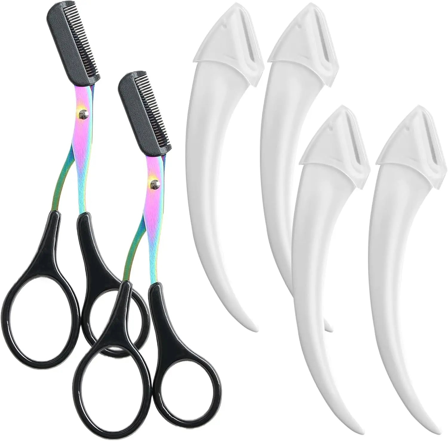 6 Pcs Eyebrow Trimmer Scissors with Comb, Curved Eye Brow Razor, Non-Slip Stainless Steel Facial Hair Removal Grooming, Brow Shaping Beard Shaving Kit Beauty Accessories for Women Men