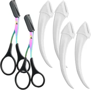 6 Pcs Eyebrow Trimmer Scissors with Comb, Curved Eye Brow Razor, Non-Slip Stainless Steel Facial Hair Removal Grooming, Brow Shaping Beard Shaving Kit Beauty Accessories for Women Men