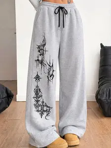 Versatile trendy street style casual retro Y2k punk religious pattern printed women's casual straight-leg pants. Front drawstring loose sports pants for autumn/winter season.