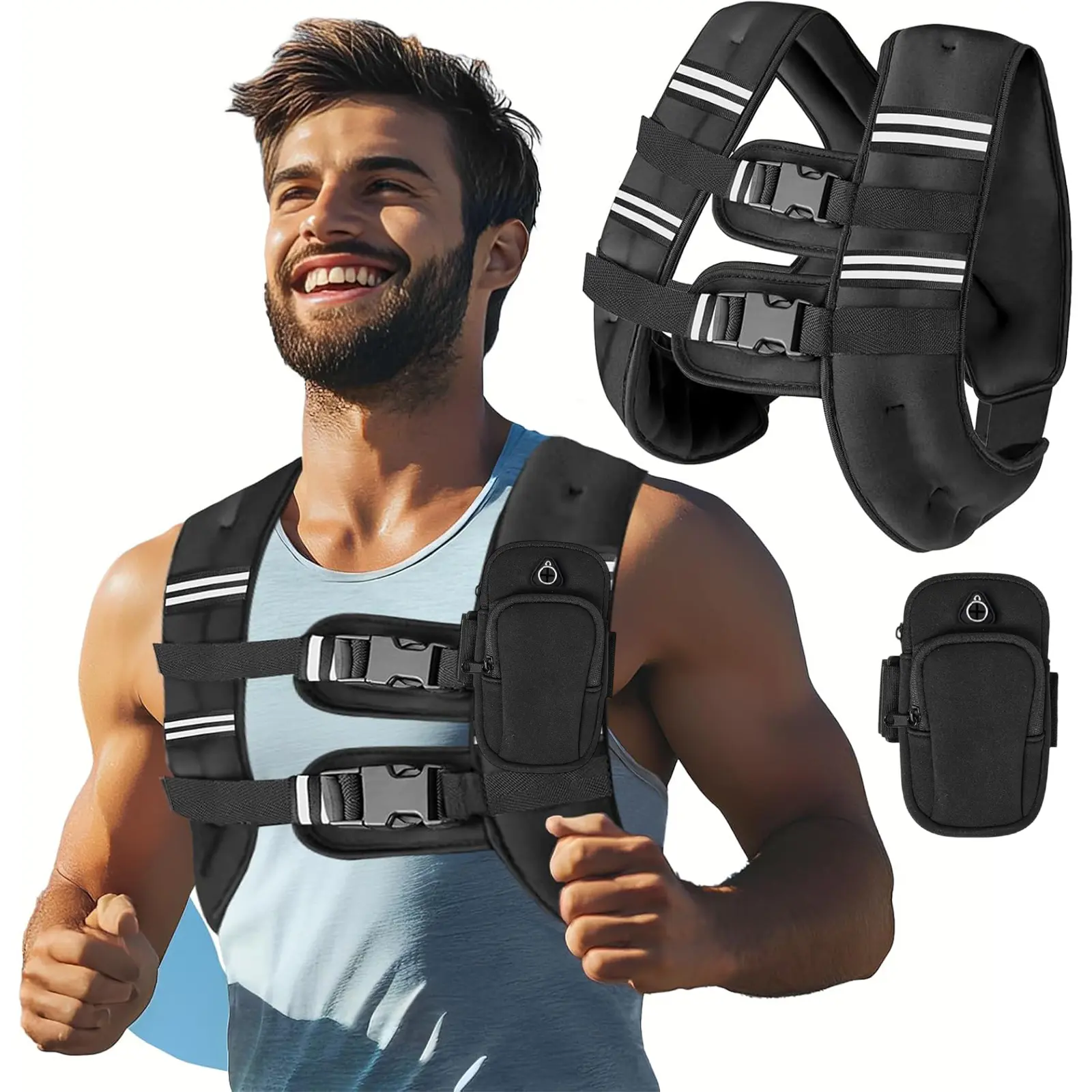 Weighted Vest for Men-Women, Run-Ready Adjustable 12/16 lbs Removable Iron Weights, H-Shape Design with Reflective Straps & Storage Pocket, Home Fitness Workout Equipment