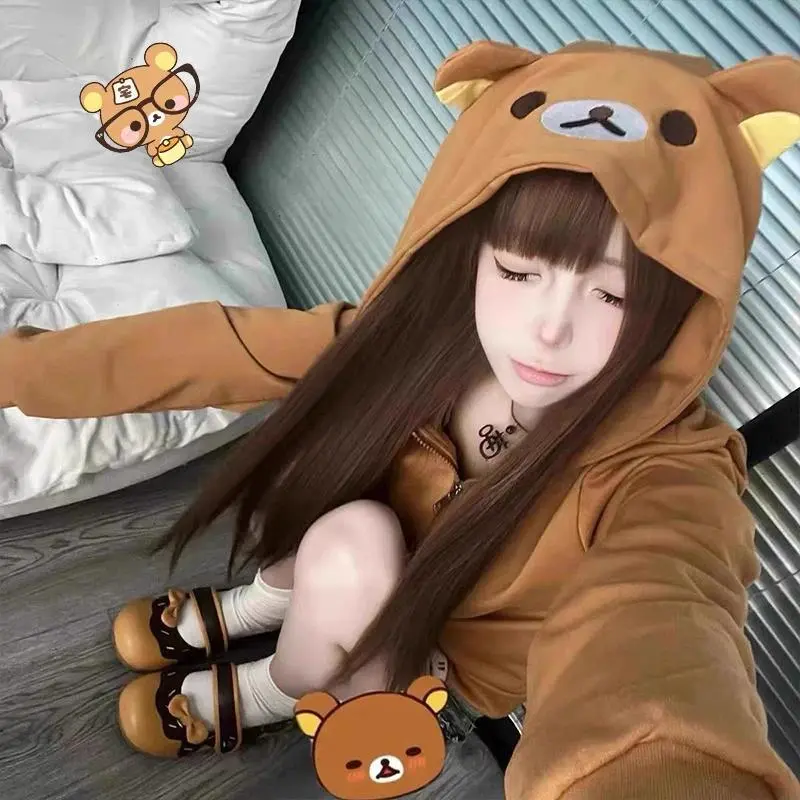 Y2K Women Japanese Style Rilakkuma Harajuku Streetwear Hoodies Outdoors Jacket Kawaii Cute Cartoon Print Zipper Sweatshirt Girl