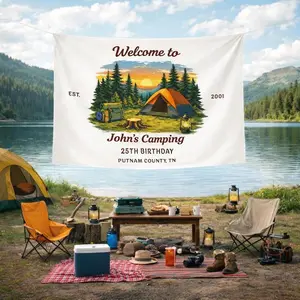 Camping Birthday Tapestry, Custom Name Outdoor Party Banner, Rustic Camp Theme Backdrop