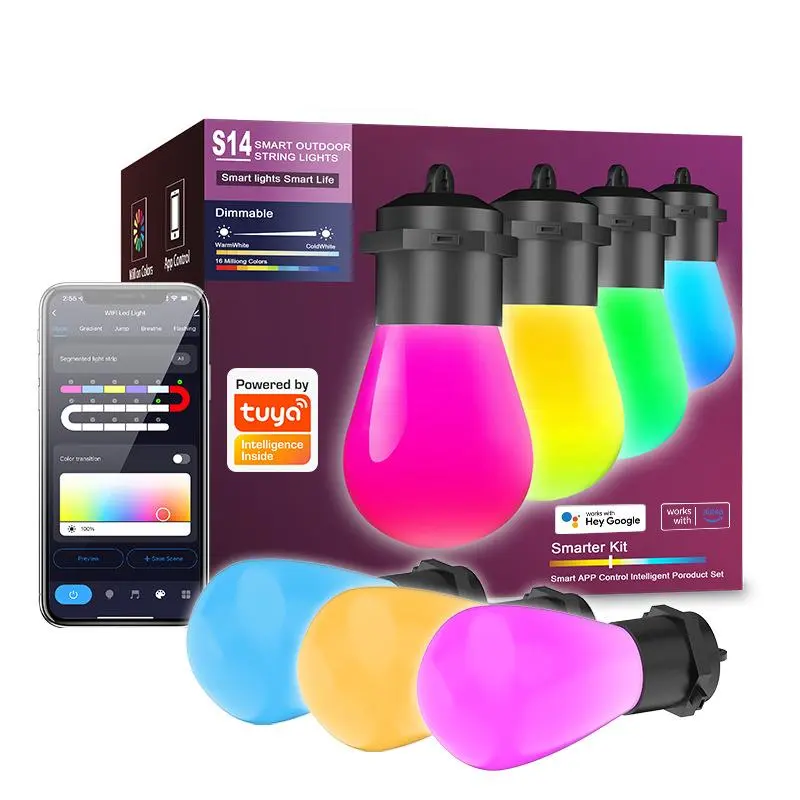 Tuya Smart WiFi RGB Milky S14 LED String Lights - 5V USB-Powered, 12m 20 Bulbs Fairy Festoon Garland, Waterproof IP65 Colorful Light Up Decor for Bedrooms, Clubs (Home Improvement Use)