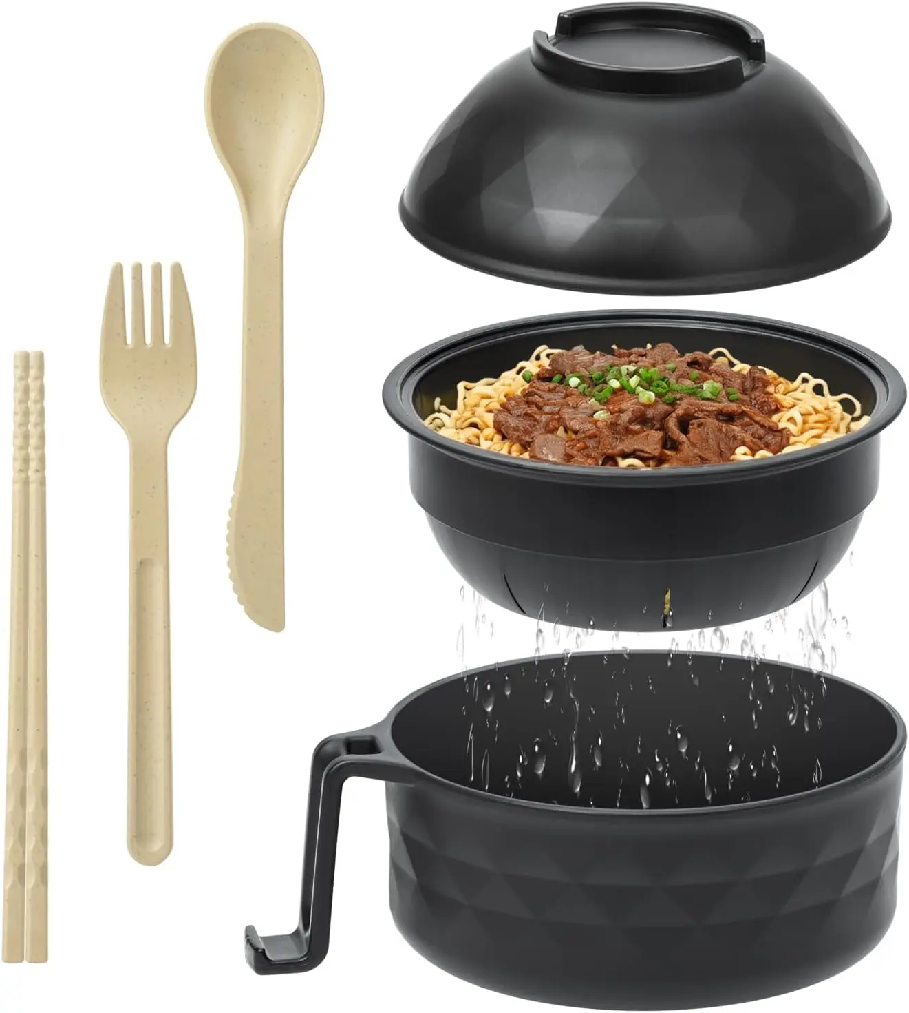 Microwave-Safe Ramen Bowl Tableware Set with Handle, Spoon, Fork, Chopsticks - Versatile for Noodles, Soups - Ideal for Dorms, Home Use