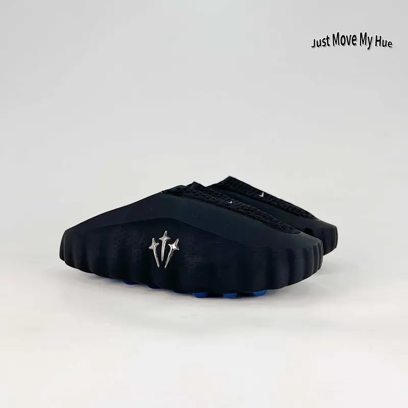 Cushioned slip-on mule slides deliver full cloud foam shock-absorbing thick sole, made of seamless molded waterproof EVA rubber, matte solid black upper with bright blue dotted anti-slip outsole, featherlight flexible frame