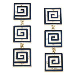 Gretchen Game Day Greek Keys Linked Enamel Earrings in Navy