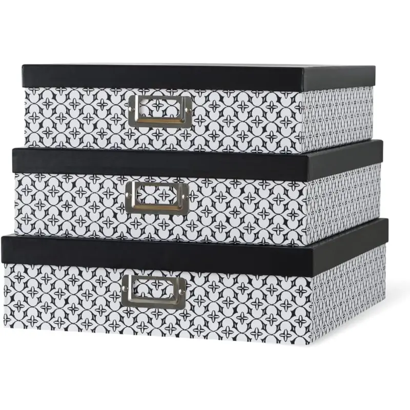 Black and White Decorative Storage Boxes with Lids for Organizing Set of 3 Jumbo Scrapbook Storage Boxes for Documents Keepsakes Memories Modern Trellis