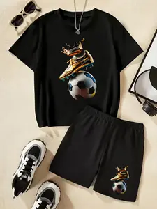 Golden Football Shoes With Crown World Cup Pattern T-Shirt Set, Children's Trendy Short-Sleeved Short Pants Two-Piece Set, Unique, Casual, Fashionable, Comfortable, Versatile For Daily Use, Ideal Gift Choice, Team Uniform