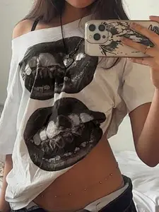 Women's Lip Print Off-Shoulder T-Shirt, Y2K Style Loose-Fitting Top, Vintage Streetwear Fashion with Comfortable Fabric