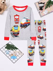 Boys' Round Neck Long Sleeve Set, Digital Print Train Pattern, Casual Comfortable Fitted Homewear Sleepwear, Cartoon Print Pajama, 2 Piece Pack