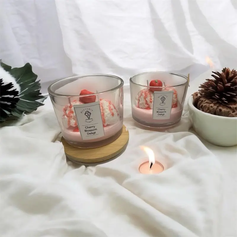 Cherry Blossom Design Candle in Glass Jar with Cherry Topping and Pink Wax for Home Decor