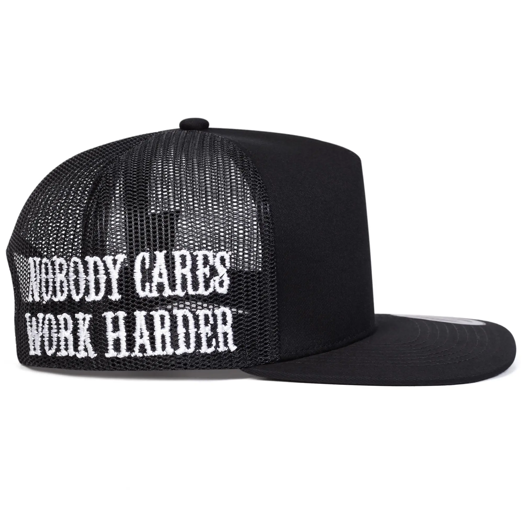 "NOBODY CARES WORK HARDER" 3D Embroidered Trucker Hat - Flat Brim, High-End Lightweight Adjustable Cap, Sunscreen Street Fashion Hat, Leisure Headwear for Travel, Hustle Culture Enthusiasts, Father's Day Gift Street Fashion Cap Cool Hat