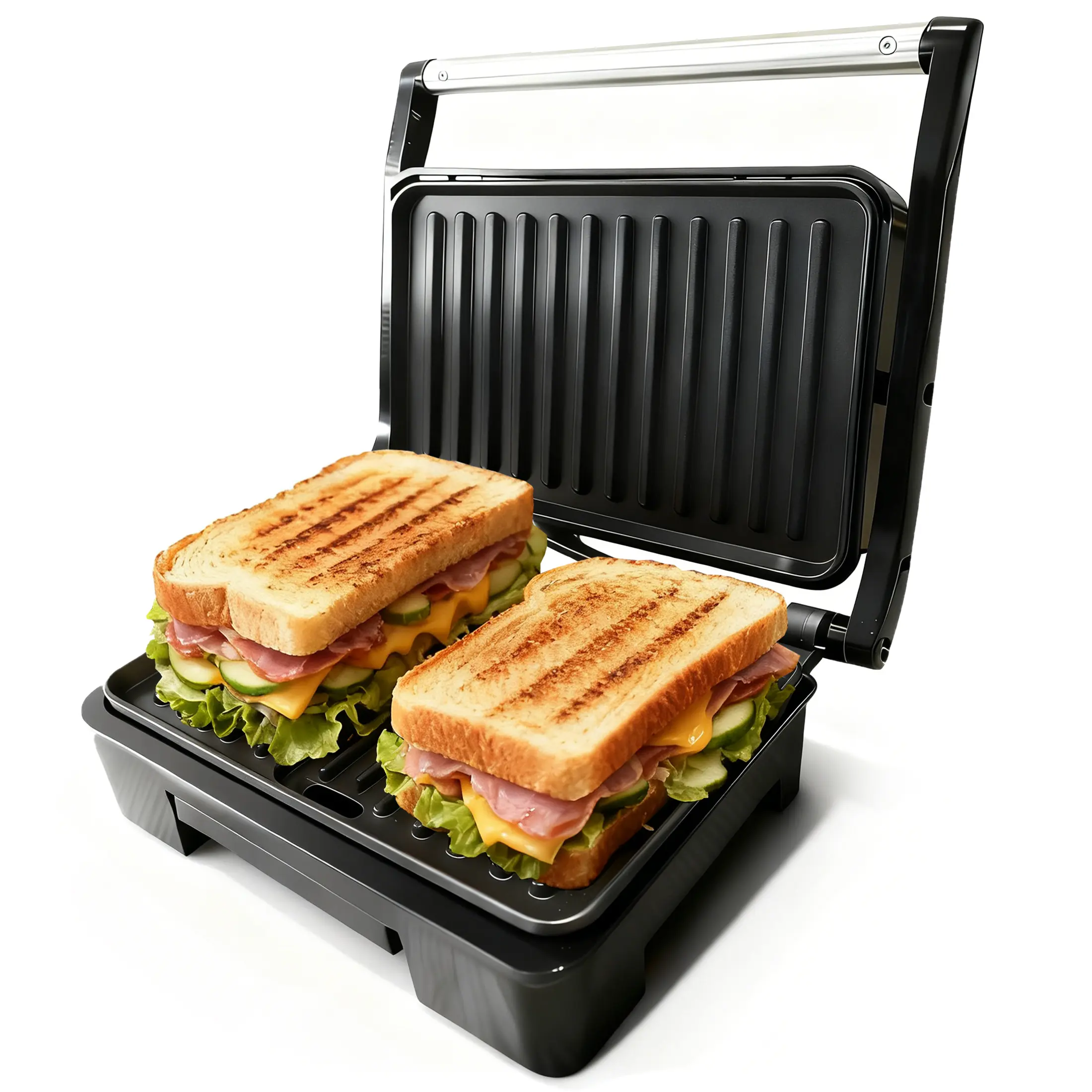 Black Stainless Steel Electric Panini Press Grill - Nonstick Sandwich Maker, Removable Drip Tray, Versatile for Various Sizes Foods, Durable, Easy to Clean, Grill Cooking Stainless