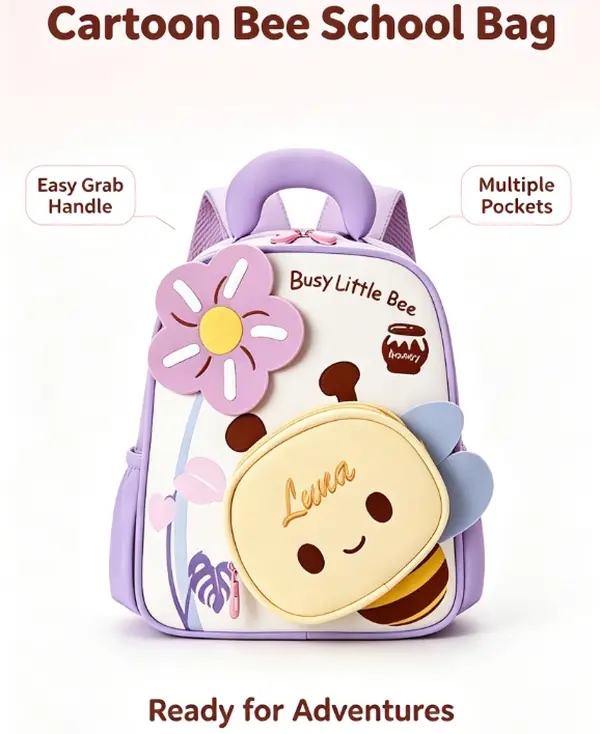 Custom Embroidery, New Fashion, Large Capacity, Cartoon Little Bee Design Backpack, Casual Backpack, Suitable for School, Camping, Travel, Business Trips, A Must-Have for Back-to-School Season! Holiday Gift!