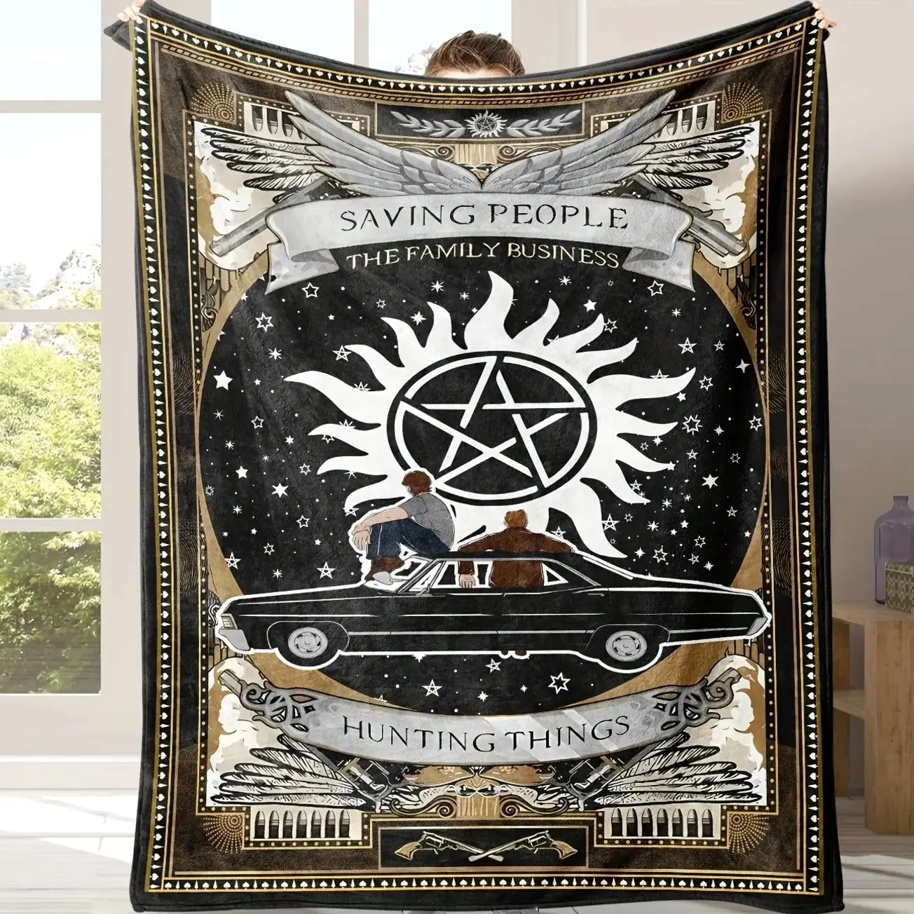 Supernatural Inspired Hug Soft Flannel Throw Blanket, TV Mystery Symbol Graphic for Bedroom Dorm Office and Lounge Decor, Lightweight Bed