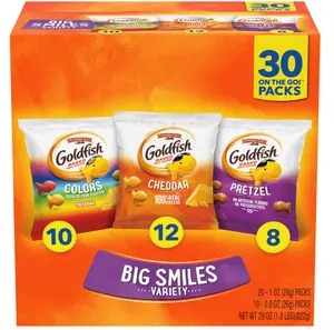 Goldfish Crackers Big Smiles Variety Pack with Cheddar, Colors, and Pretzels, Snack Packs, 30 Ct