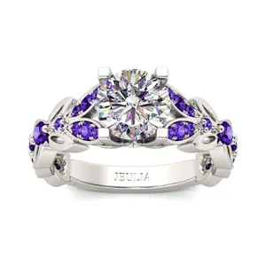 Jeulia 4.3 Carat Personalized Sterling Silver Butterfly Rings for Women Purple Amethyst Bridal Round Cut Wedding Engagement Eternity Valentine's Promise Ring Sterling Silver Zircon