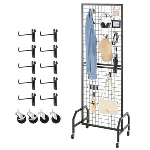 Grid Wall Panel 1.9 x 5.4 ft Wire Display Rack With Mobile Castor Wheels And 10 Hooks, Ideal Retail Merchandising Display, Heavy Duty Gridwall Organizer For Tools, Accessories, And Small Parts