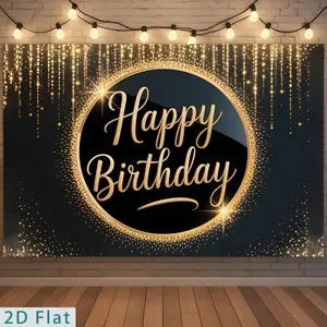 2D Flat Banner Polyester Photography Backdrop, HD Digitally Printed Black and Gold Happy Birthday Background Cloth with Glitter Sparkle Design, Soft Lightweight Foldable Photo Booth Prop for Birthday Party Decorations and Festive